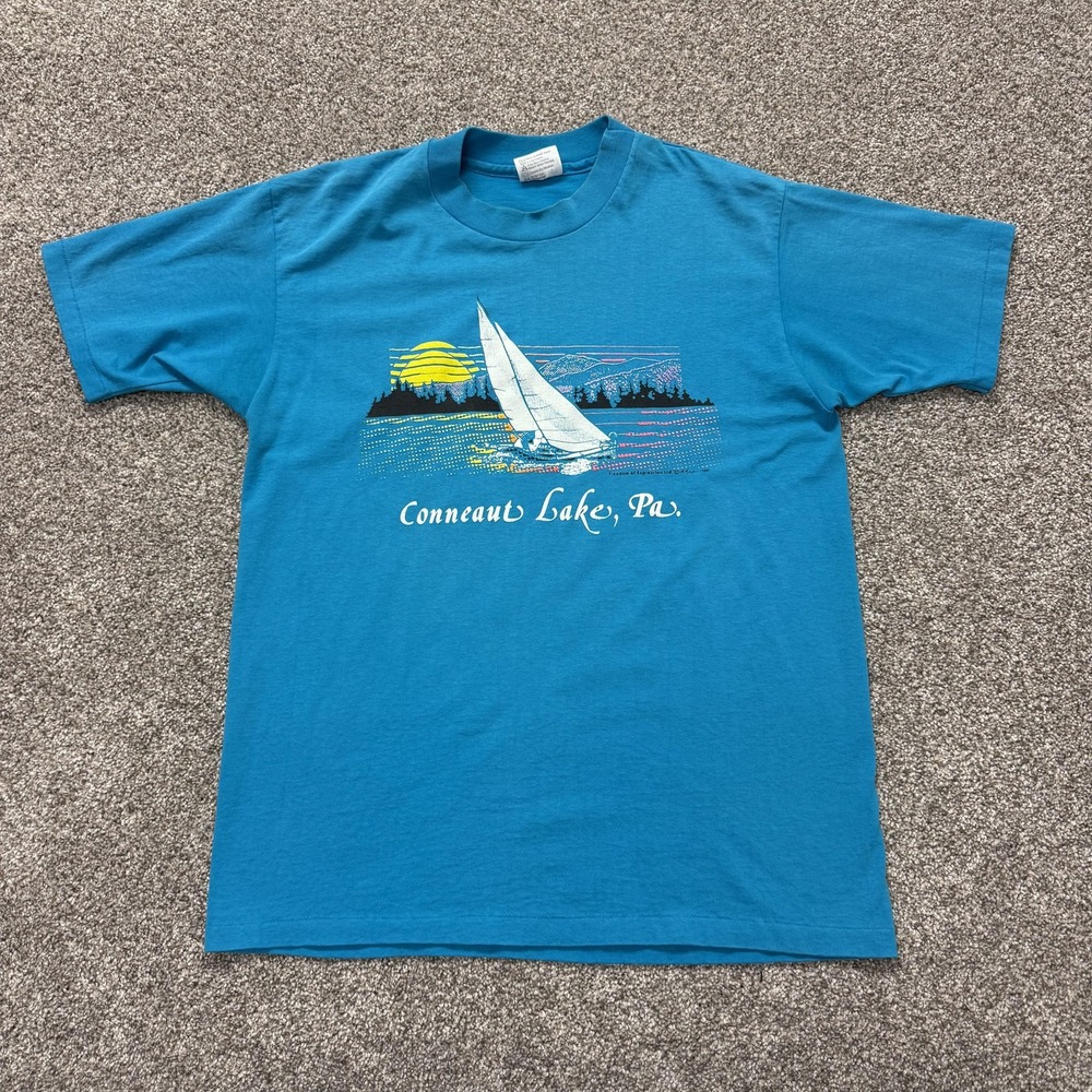 Vintage Hanes Shirt Mens Large Blue Conneaut Lake Sailing Graphic Tee T-Shirt